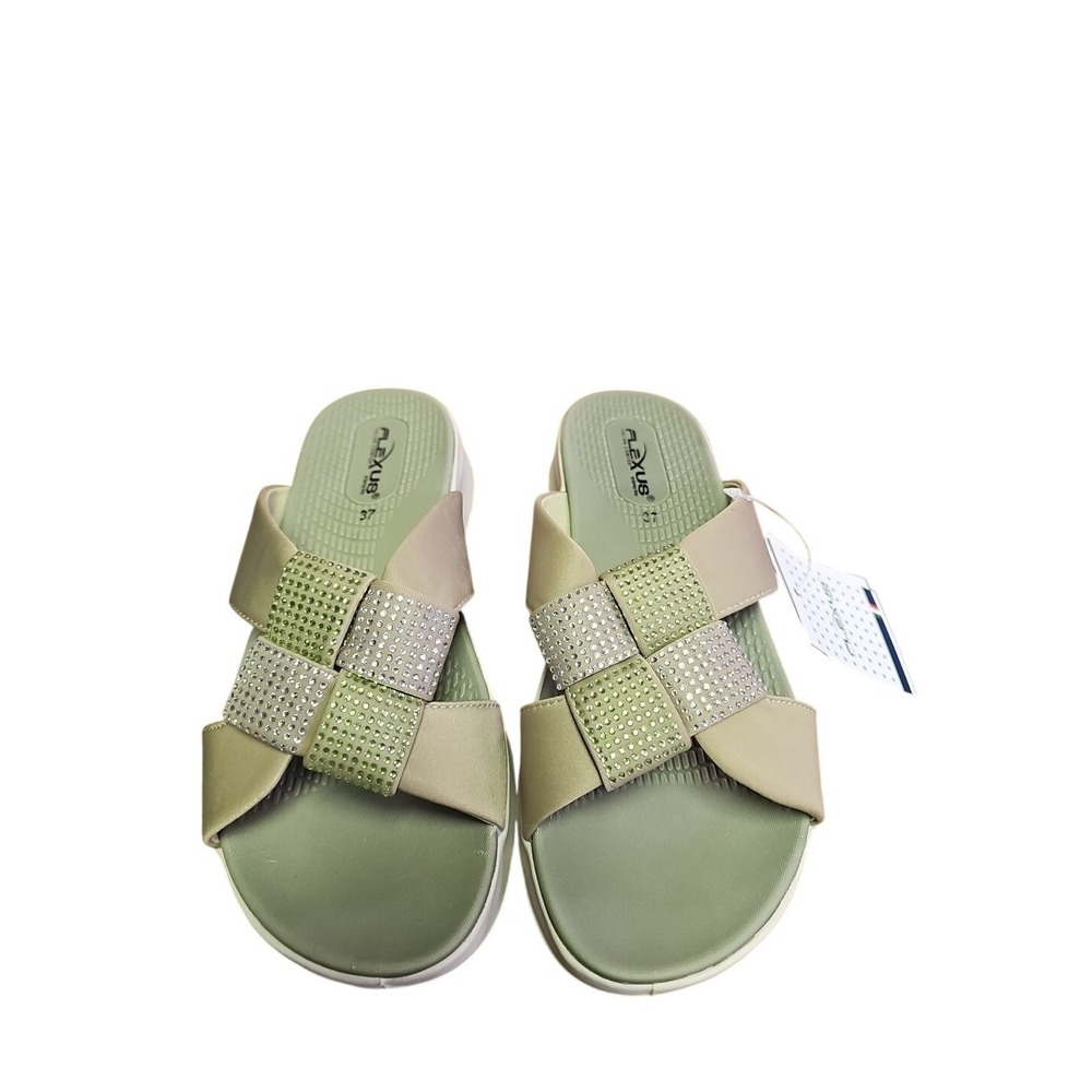 FLEXUS LISKO Slide Sandal Green Shimmery Mesh Fabric‎ cushioned insole US 6.5-7